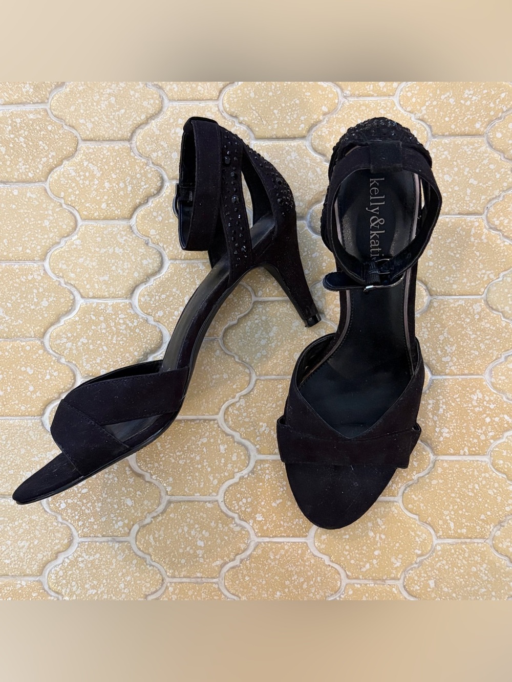 Kelly & Katie Heels Size 9 Black Rhinestone Party Shoes Strappy Sandals Formal